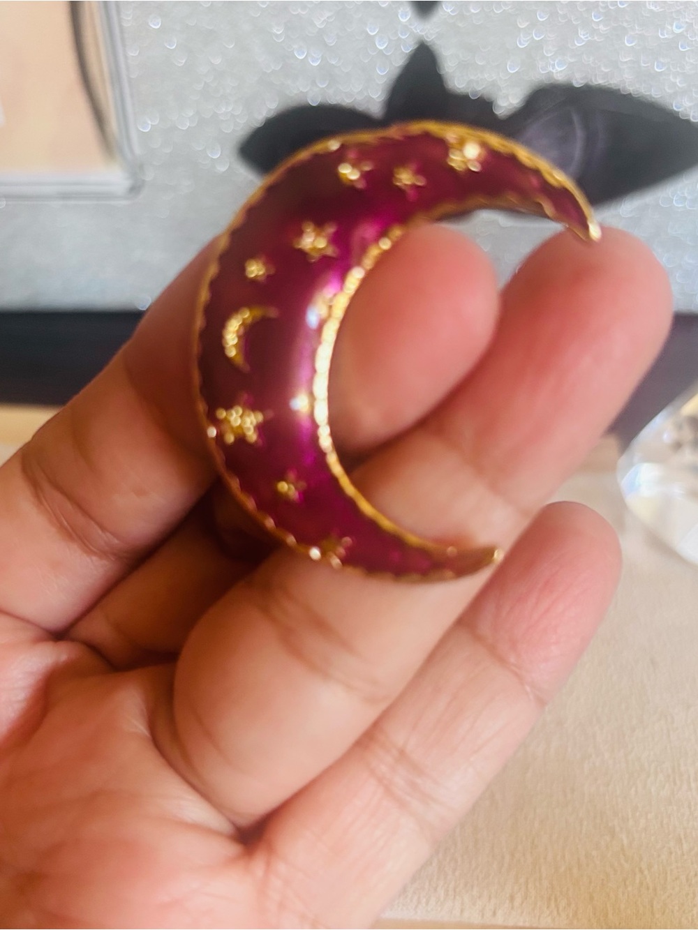 Enamel Crescent Moon Brooch - Purple and Gold Accent